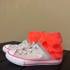 Girls Converse tutu shoes (color is bright/neon pinkish-orange). Never worn.
